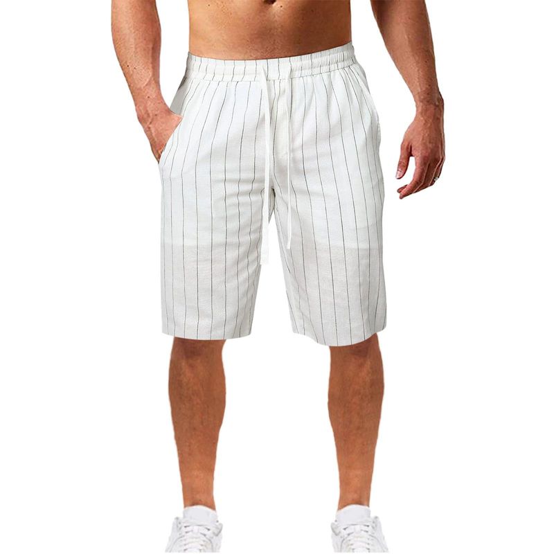 Lässige Shorts aus Baumwollleinen mit vertikalem Streifen und elastischer Taille für Herren_voghion.com
