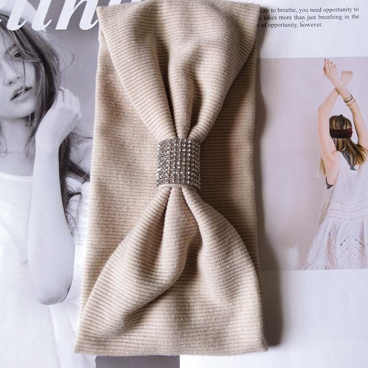 Fascia per capelli infilata lavorata a maglia con fiocco grande legato in vita con strass, stile coreano, berretto alla moda_voghion.com