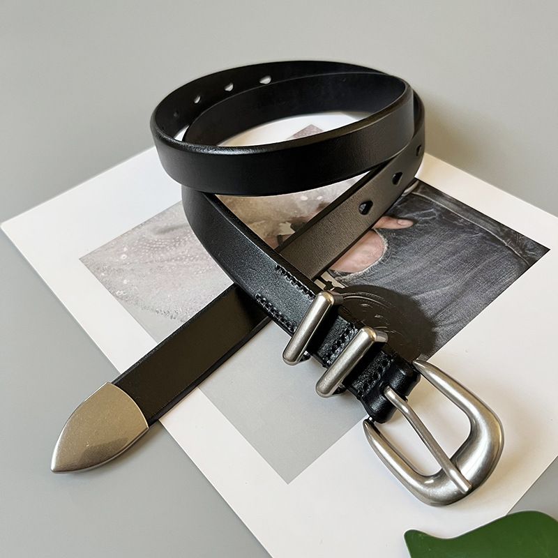 Modischer Retro-Gürtel aus echtem Leder mit silberner Schnalle, Unisex-High-End-Gürtel aus erster Schicht Rindsleder, Ins-Style-Accessoires_voghion.com