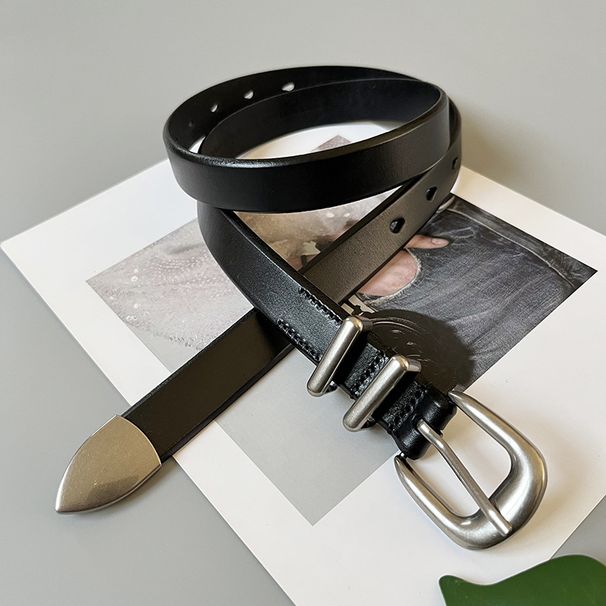 Modischer Retro-Gürtel aus echtem Leder mit silberner Schnalle, Unisex-High-End-Gürtel aus erster Schicht Rindsleder, Ins-Style-Accessoires_voghion.com