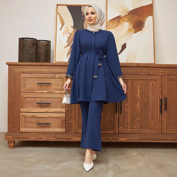 Odzież damska Muzułmańska moda damska gorący diament luźny top rozkloszowane spodnie 2-częściowy garnitur_voghion.com