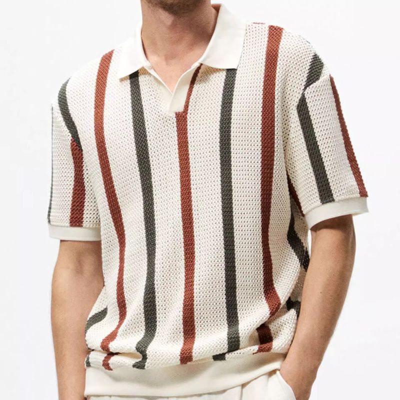 Herrenbekleidung 2024 Sommer Grobstrickpullover mit Hohlsaum Gestreiftes Poloshirt aus Wolle in Kontrastfarbe für Herren_voghion.com