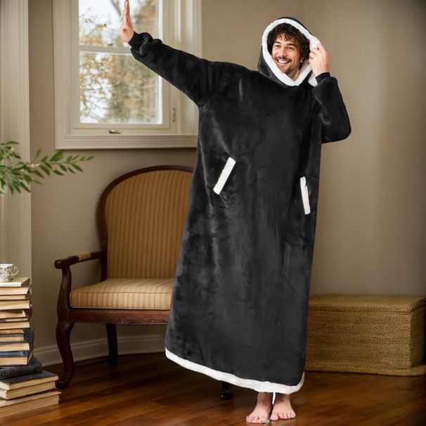 Women's flannel thickened men's and women's robes with long sleeves and blanket hoodie pullover lazy pajamas_voghion.com