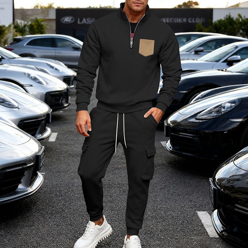 Ensemble sweat à capuche et jogging doublé polaire épais pour homme – Veste zippée à col montant et pantalon de sport coupe décontractée_voghion.com