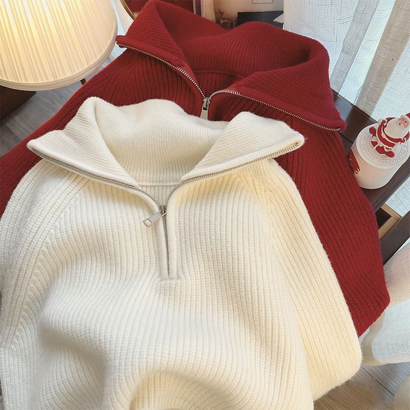 Pull épais tricoté 2024 automne/hiver nouveau style avec design anti-âge, fermeture éclair, look ample et slim, col paresseux_voghion.com