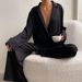 Women's satin T-button nightgown pajama pants Solid color home set loose pajamas_voghion.com