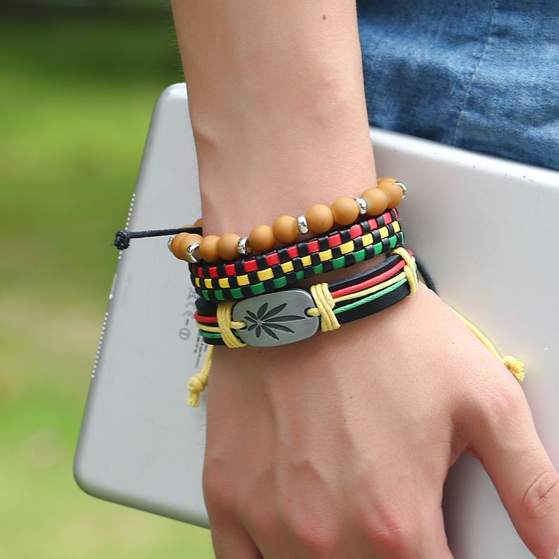 Bracelet en cuir tressé rouge jaune vert de la Jamaïque, accessoires DIY, personnalité de danse de rue hip-hop_voghion.com