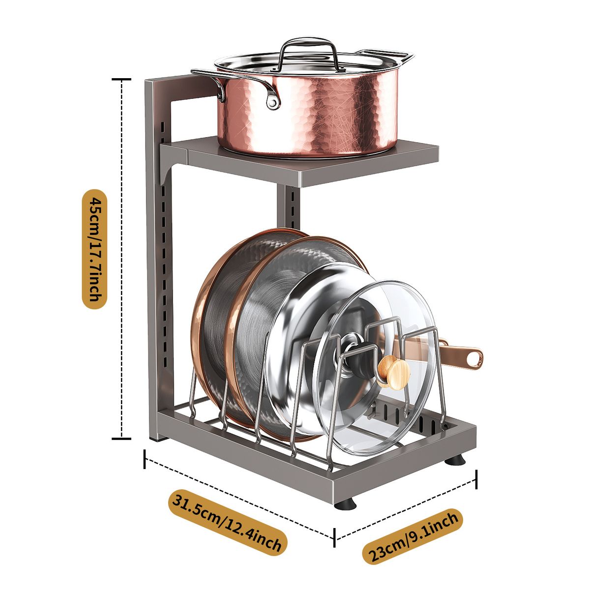 Onder de gootsteen opbergrek voor potten, kast, aanrecht, gelaagde voorbereiding, potdekselrek, verstelbaar, meerlagig, keukenpotrek_voghion.com