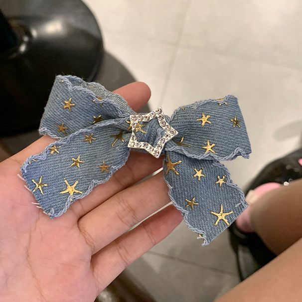 Forcina per capelli con fiocco in denim retrò, design per ragazze, clip con stella e strass, accessori per capelli alla moda Y2G, copricapo_voghion.com
