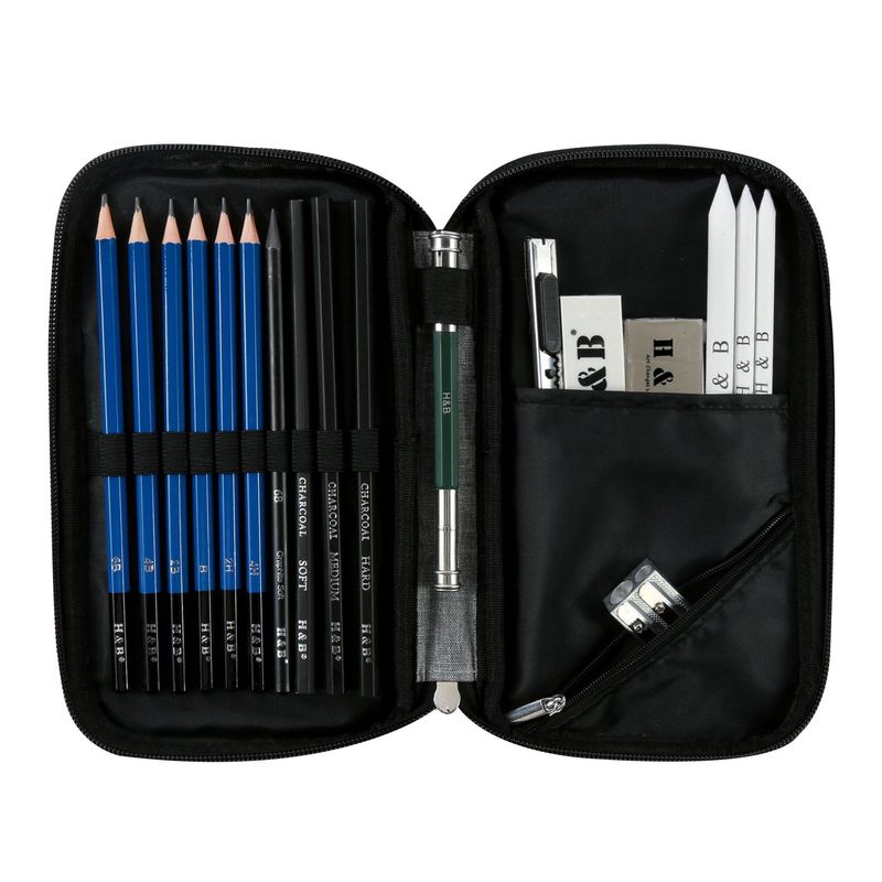 Conjunto de 18 lápis de desenho H&B, kit de desenho profissional com lápis de grafite, lápis de carvão e estojo de madeira para artistas e estudantes_voghion.com