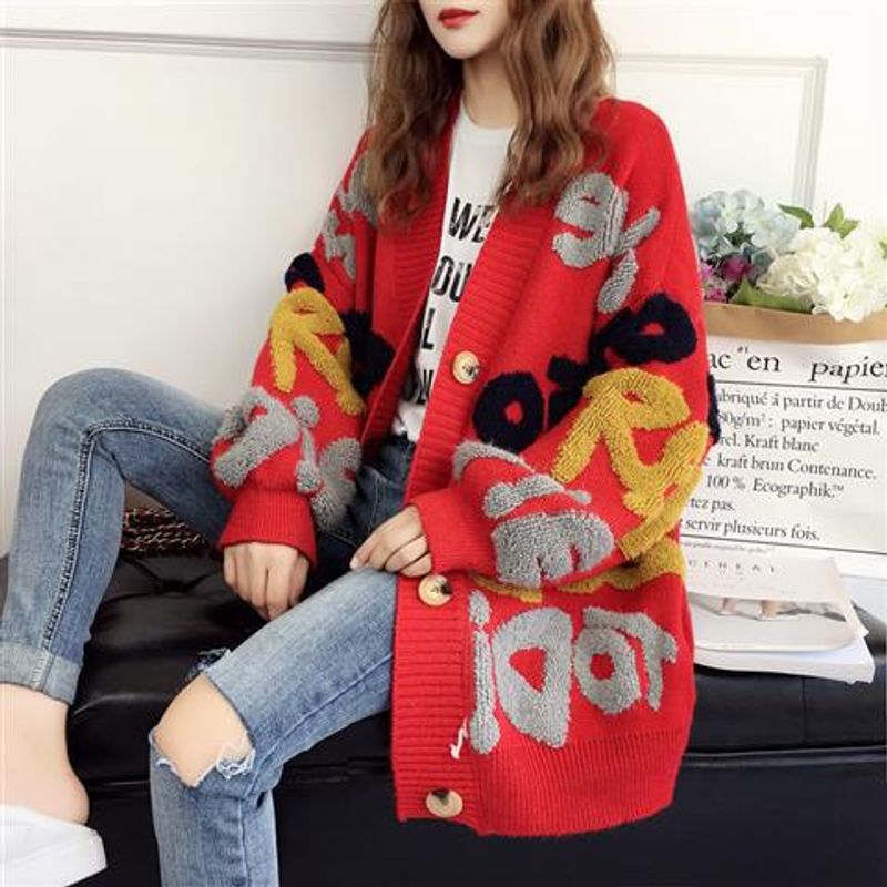 Damenbekleidung Herbst und Winter Temperament All Match Letter Flocking Kontrastfarbe Lose Lazy Style Strickmantel Pullover Strickjacke Damen_voghion.com
