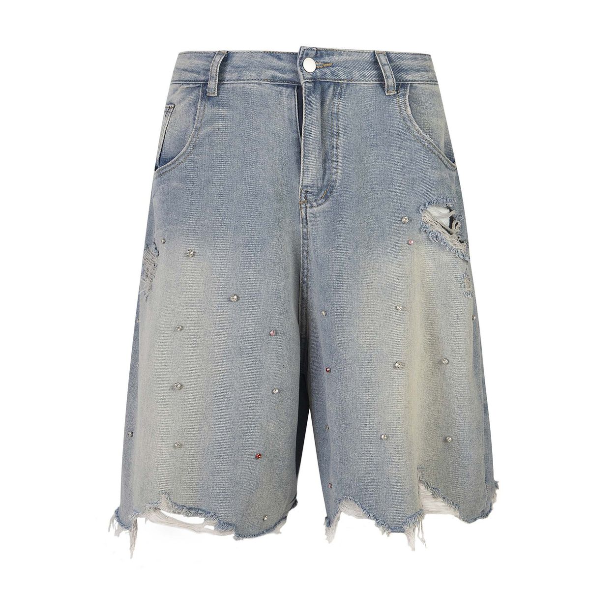 Men's Clothing National Trend High Street Washed Distressed Rhinestone Worn Denim Shorts Unisex Loose Wide Leg Straight Trousers_voghion.com