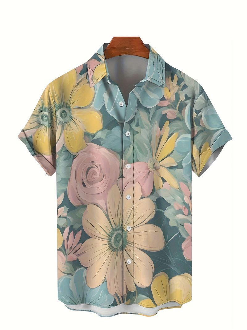 Blumen-3D-Druck Herren-Strandhemd Lockeres, lässiges Kurzarm-Hawaiihemd Herren- und Damenmode Harajuku Reversknopfoberteile_voghion.com