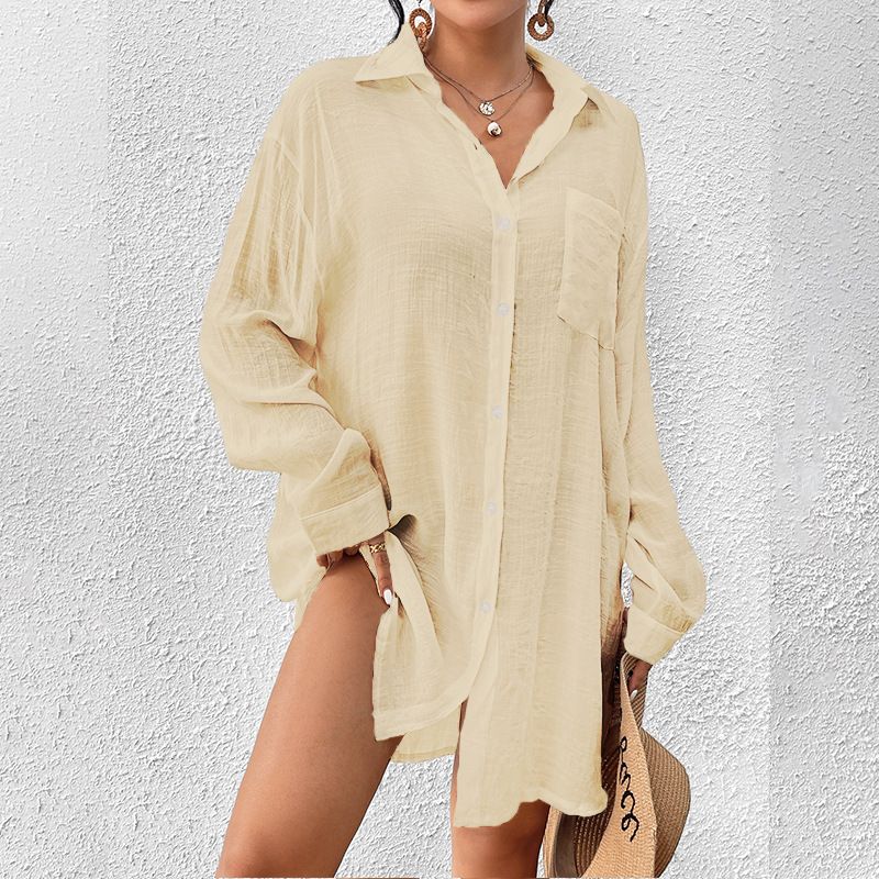 Women's Clothing Bamboo Cotton Shirt Style Sun Protection Shirt Beach Cover Up Holiday Bikini Swimsuit Outerwear_voghion.com