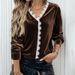 Elegant Vintage Velvet Blouse With V-Neck & Lace Trim - Fall/Winter Boho Chic Shirt For Women, Loose Fit With Puff Sleeves (Brown, S/M/L/Xl)_voghion.com