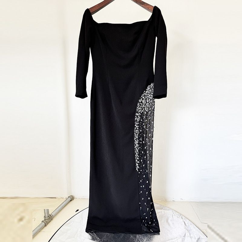 New Arrival Elegant Beaded & Crystal Embellished Off-Shoulder Long Evening Dress With Mesh Insert Slim Fit Formal Gown For Banquet, Party, Wedding_voghion.com