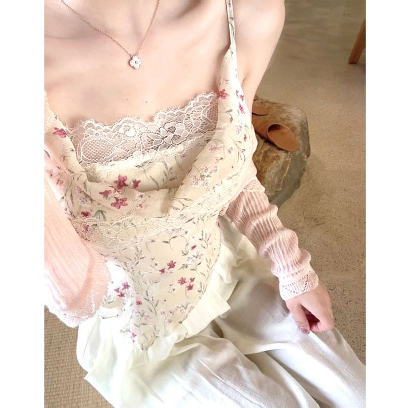2024 Gentle Ouni Lace Splicing Strap Women's Spring Summer Design Sense Small and Narrow Sleeveless Floral Top Trendy_voghion.com