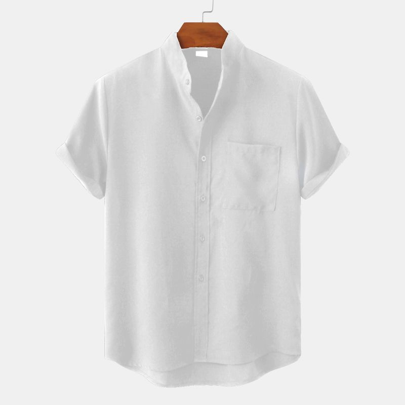 2024 Camicia a maniche corte solida da uomo con colletto allentato casual con colletto in piedi nuovo_voghion.com