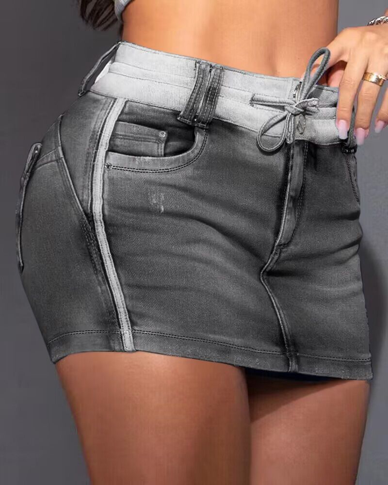 Women's Clothing New Skirt Pants Short Contrast Color Drawstring Hip Skirt Denim Skirt Women_voghion.com