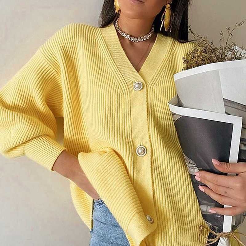 Damenbekleidung Mode Temperament Strickjacke locker V-Ausschnitt Pullover Mantel_voghion.com