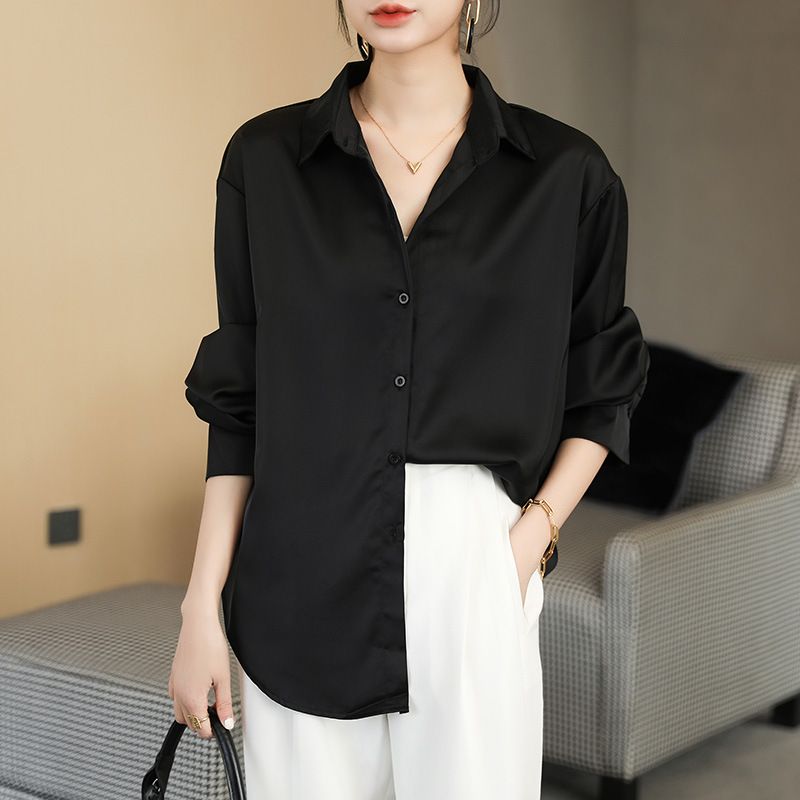 Vêtements pour femmes Chemise ample à manches longues en satin soyeux grande taille_voghion.com