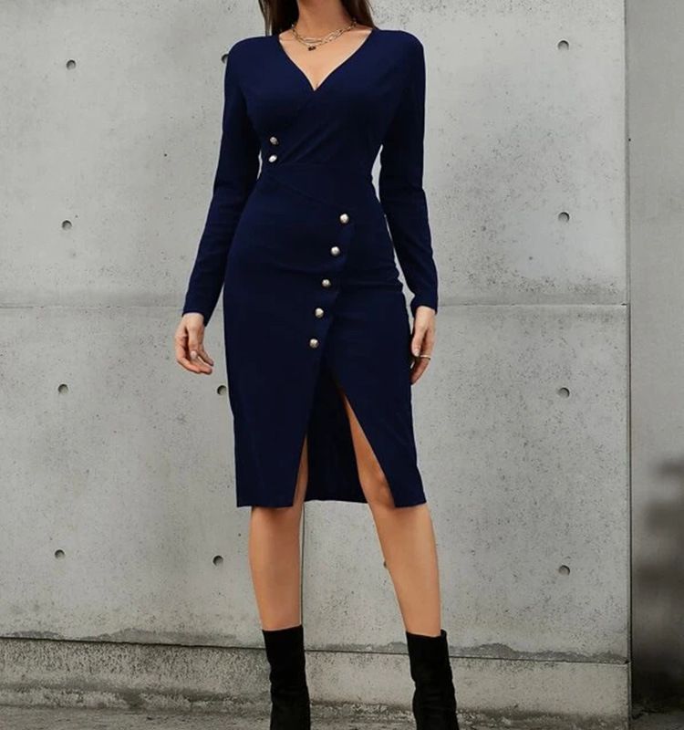 Damesmode slim-fit tas met V-hals, hippe splitknoopjurk met lange mouwen_voghion.com