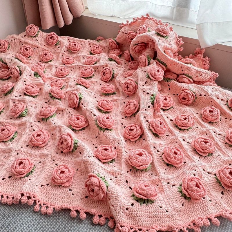 Handmade Camellia Rose Flower Piece Blanket Knitting DIY Kit Granny Square Yarn 3D Time-Killing_voghion.com