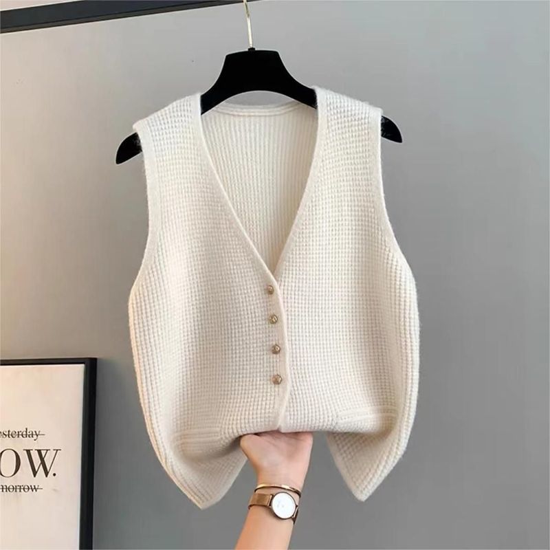 Cardigan gilet in maglia tinta unita con scollo a V semplice e alla moda casual versatile da donna 2024 primavera_voghion.com