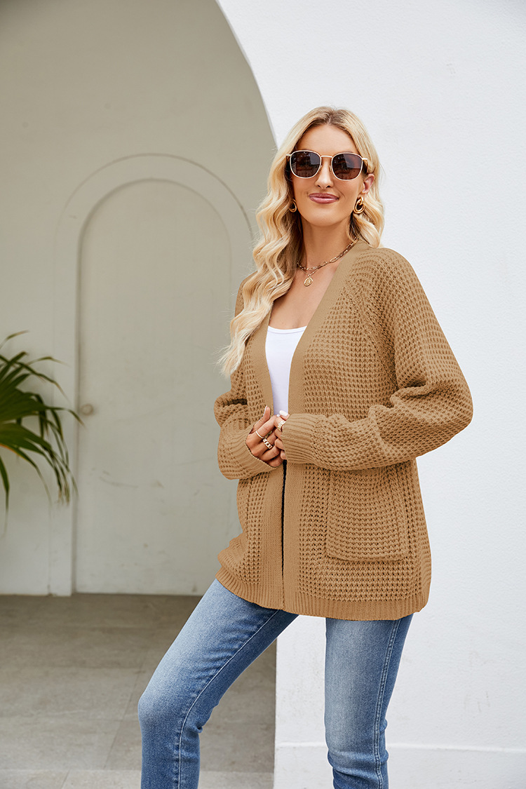 Lazy style sweater jacket women's solid color design mid-length knitted sweater cardigan_voghion.com