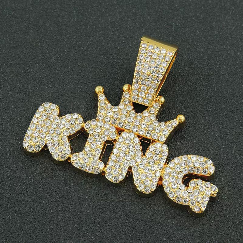 Hip Hop Letter KING Full Diamond Pendant Cuban Chain Necklace For Men And Women_voghion.com