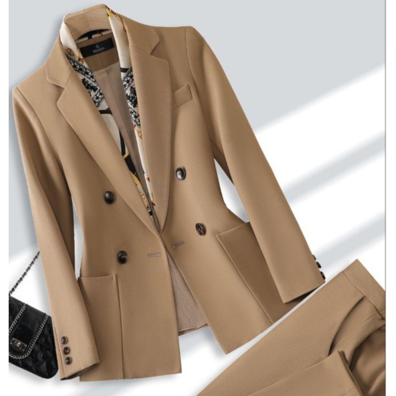 Khaki Set Women, Elegant Goddess Style Professional Manager Formal Suit Jacket For Spring And Autumn_voghion.com