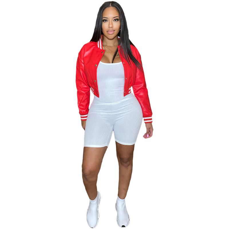 Women's Clothing Independent Site Autumn And Winter New Threaded Leather Sleeves Baseball Uniform Jacket Top_voghion.com