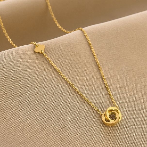 Titan Stahl Ring Mode Vielseitig Doppel Taste Glück Gras Halskette Weibliche Farbe Bewahren Kopfbedeckungen_voghion.com