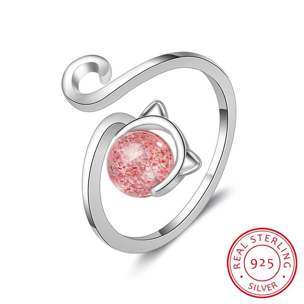 Anello di apertura in argento sterling massiccio al 100% con cristallo a forma di fragola e gatto, ideale per ragazze adolescenti, regalo di Natale DS977_voghion.com