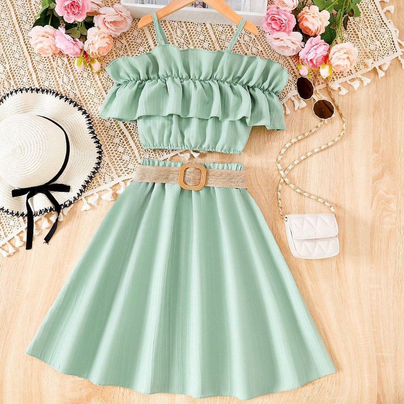 Costume d'été pour filles, jupe chemise courte en dentelle épissée, asymétrique épaule dénudée, style étranger, vêtements pour enfants européens et américains, 2024_voghion.com