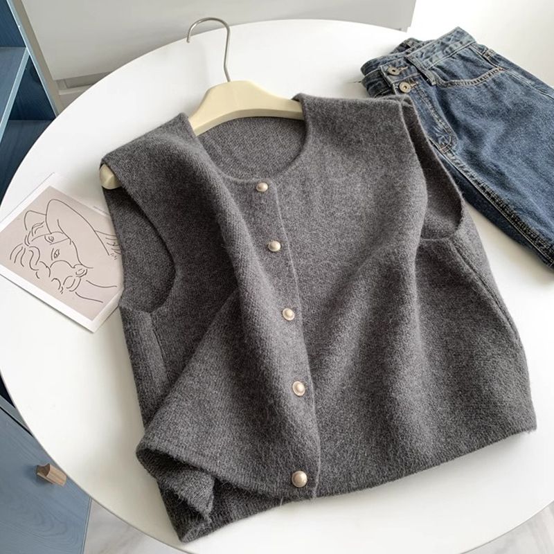 Gilet en tricot fin à simple boutonnage et petit bouton doré, col rond, pour femme, style coréen, ample_voghion.com