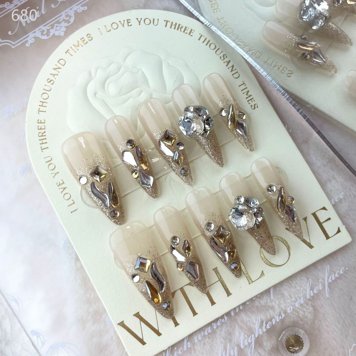 10st Naglar Handgjorda Set Press On Long Mandel False Nail Med Strass Rosa Camellia Design Återanvändbar Full Co Lg Almd Rhineste_voghion.com