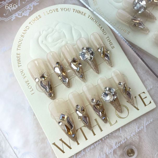 10st Naglar Handgjorda Set Press On Long Mandel False Nail Med Strass Rosa Camellia Design Återanvändbar Full Co Lg Almd Rhineste_voghion.com