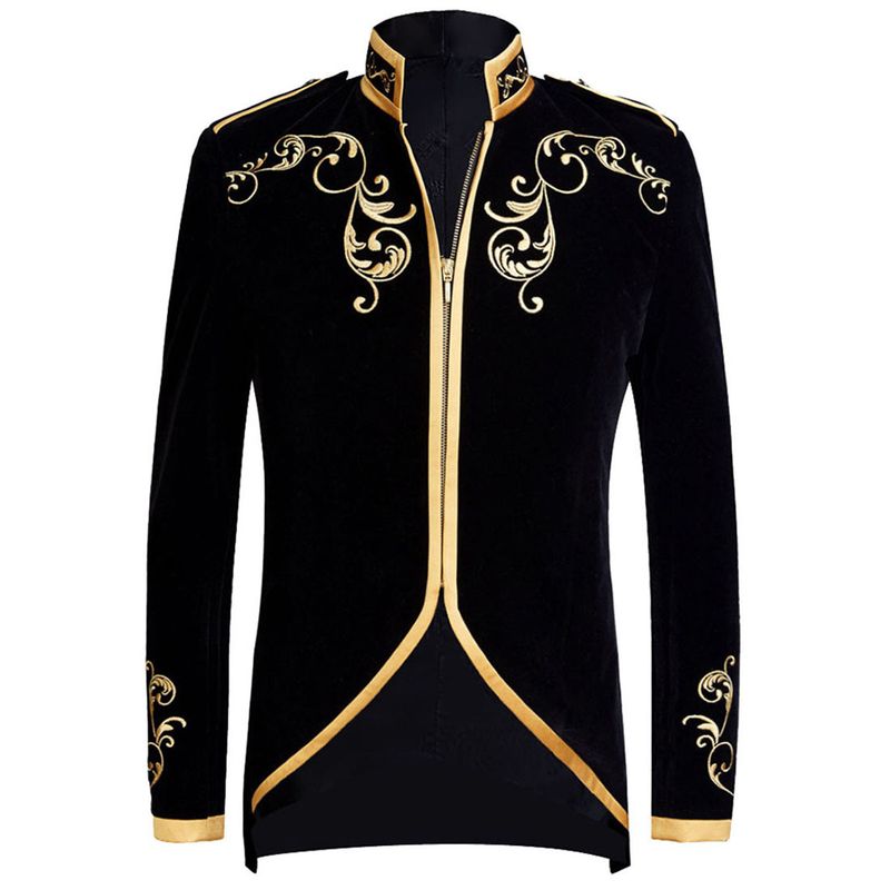 Vêtements pour hommes, veste de costume pour marié, fermeture éclair, noir, coupe cintrée, col montant, haut de costume, robe de soirée de spectacle_voghion.com