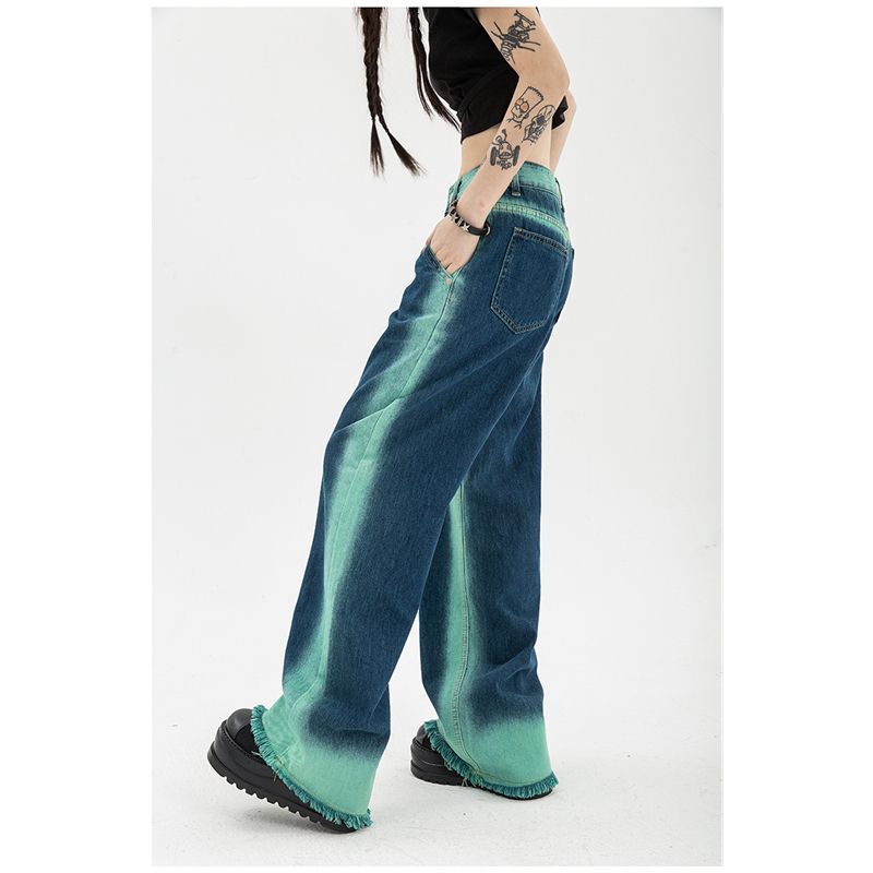 Womens Jeans High Waist Vintage Straight Baggy Pants Chic Design Streetwear Gradient Color Hip Hop Y2K Denim Wide Leg Trouser_voghion.com