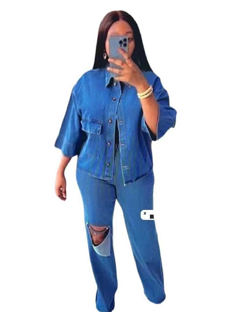European And American Hot Sale New Fashion Personality Shirt Top Hole Denim Trousers Two Piece Set_voghion.com