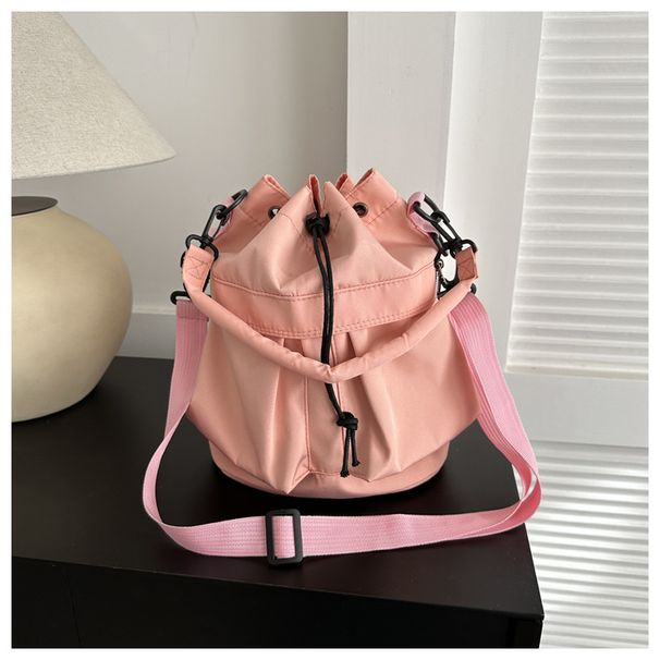Borsa a secchiello da donna, alla moda, casual, di grande capacità, in tessuto Oxford, con coulisse, a tracolla singola, con tracolla._voghion.com