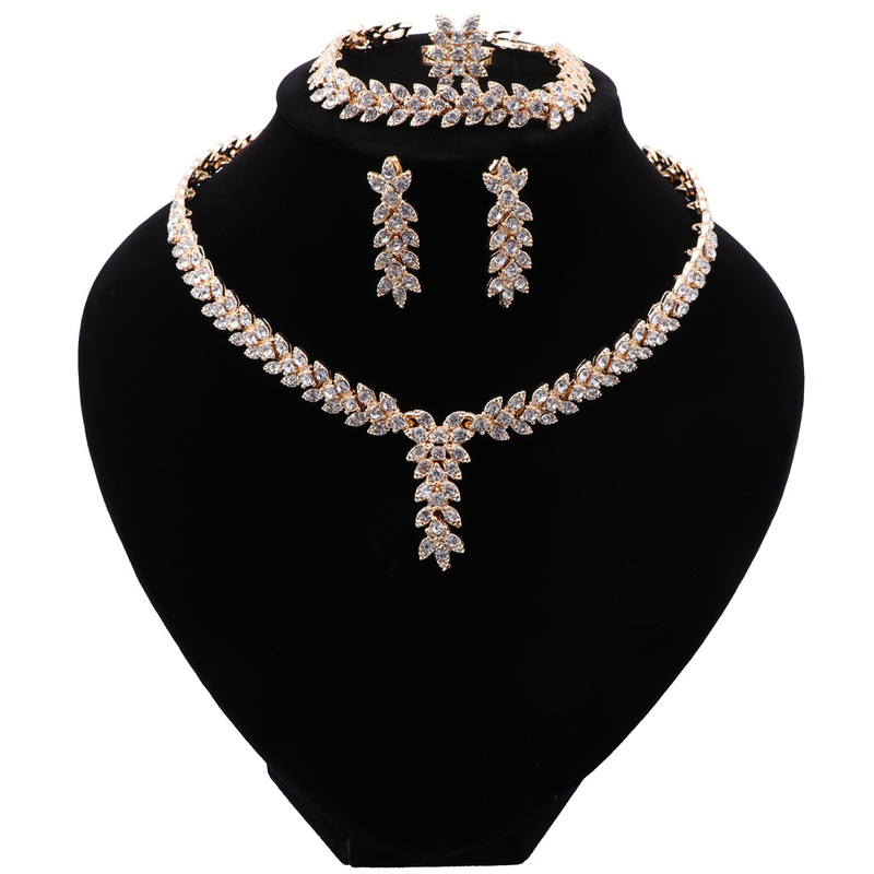 Bladvorm Dangle Drop Party Crystal Earring Ketting Armband Ring Bruiloft Sieraden Set voor bruiden_voghion.com