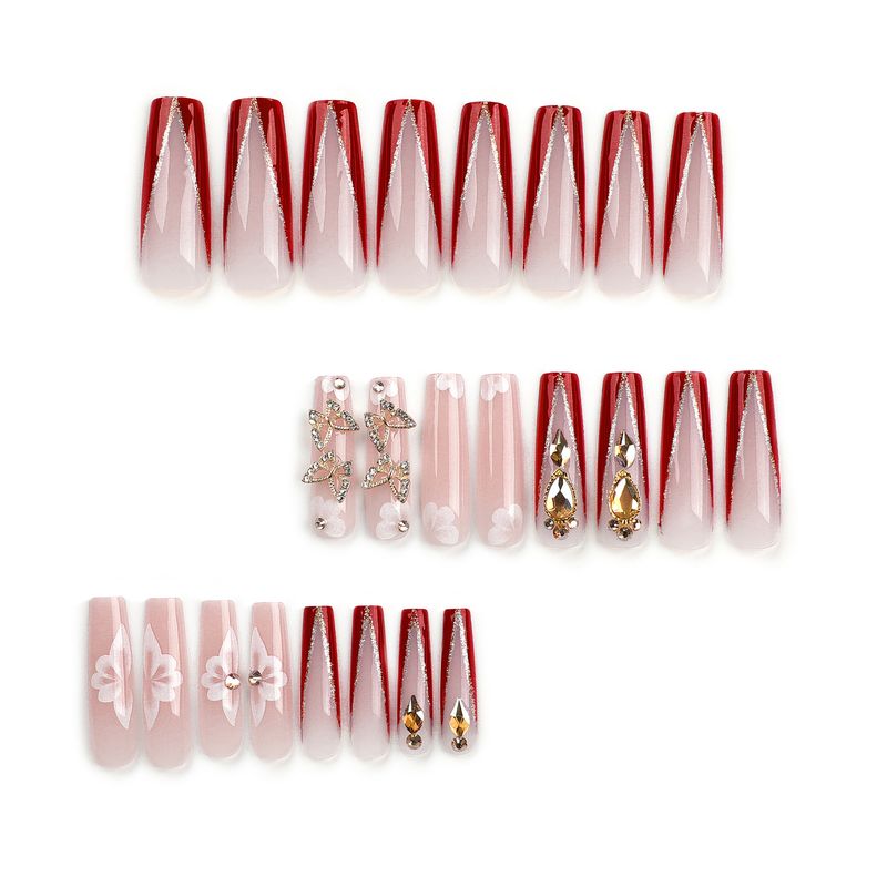 Ultra Long Square Wearing Armor, Golden Three-dimensional Butterfly Glitter Diamond Nail Art, Red French Detachable Nail Plate_voghion.com