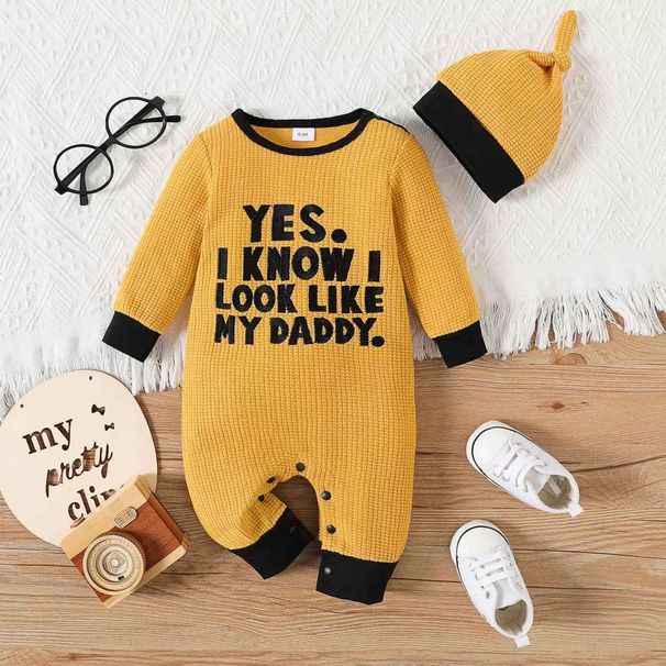 Mother & Kids INS newborn baby boy spring and autumn style letter embroidery long sleeve open crotch jumpsuit hat_voghion.com
