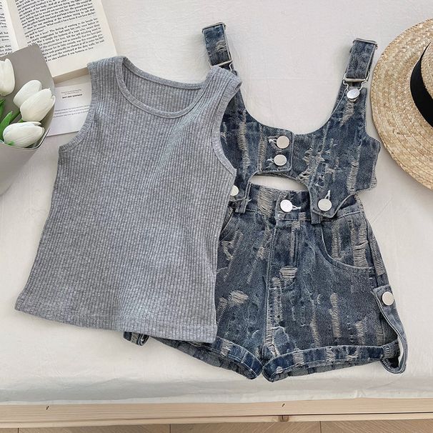 Kid's Clothing New Style Fashionable Little Girl Bib Shorts Bottoming Shirt Three Piece Suit Trendy_voghion.com