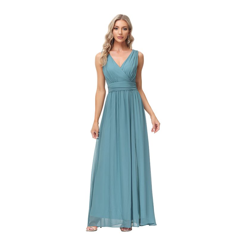 23 New European and American Style Chiffon Long Dress Double V-neck Sleeveless A-line Evening Dress Split Elastic Waist Prom Dress_voghion.com