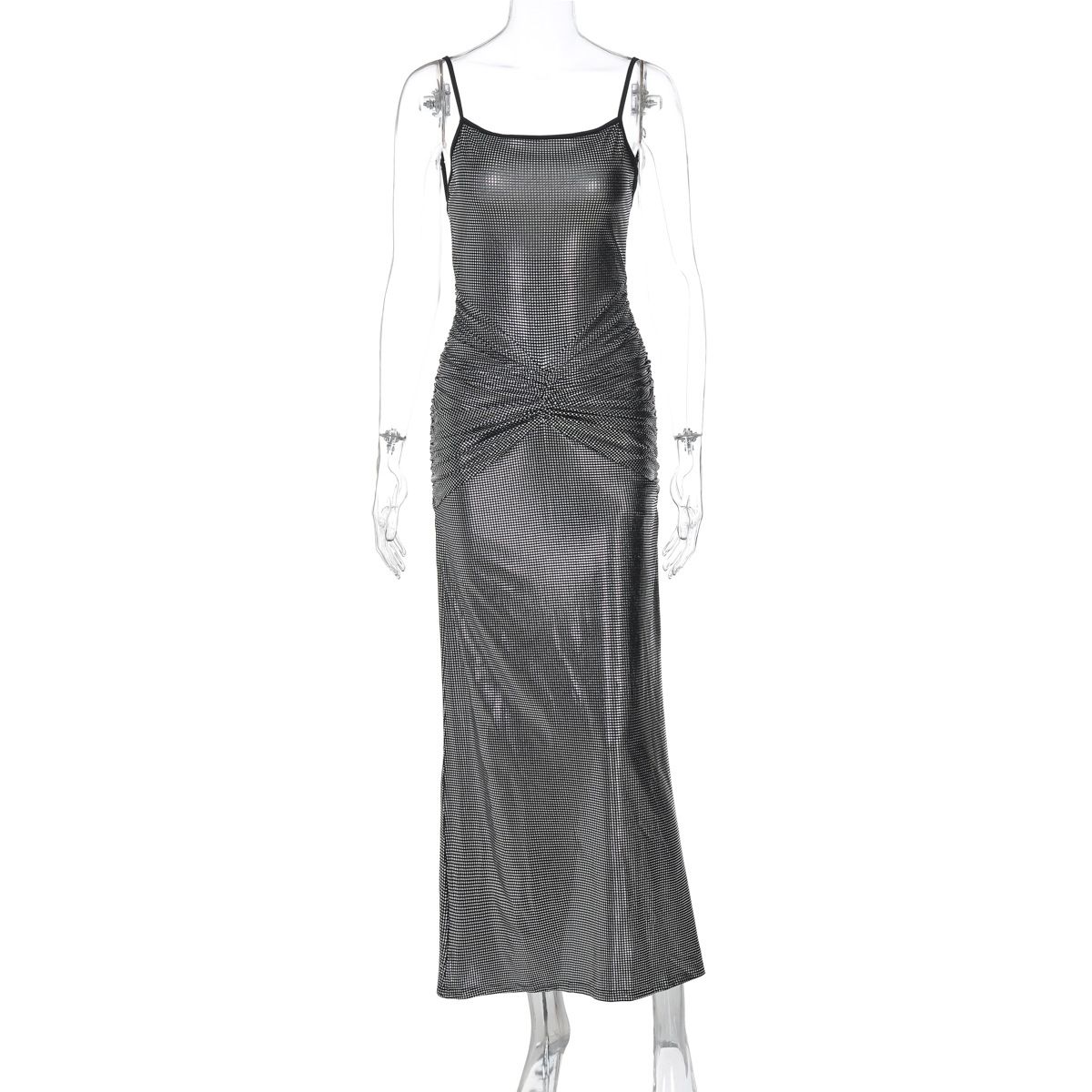 Sexy Backless Gold Foil Ruched Bodycon Dress For Women - Sleeveless High Waist Slit Summer Dress_voghion.com