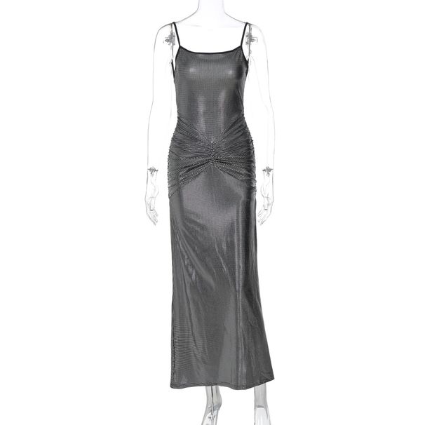 Sexy Backless Gold Foil Ruched Bodycon Dress For Women - Sleeveless High Waist Slit Summer Dress_voghion.com