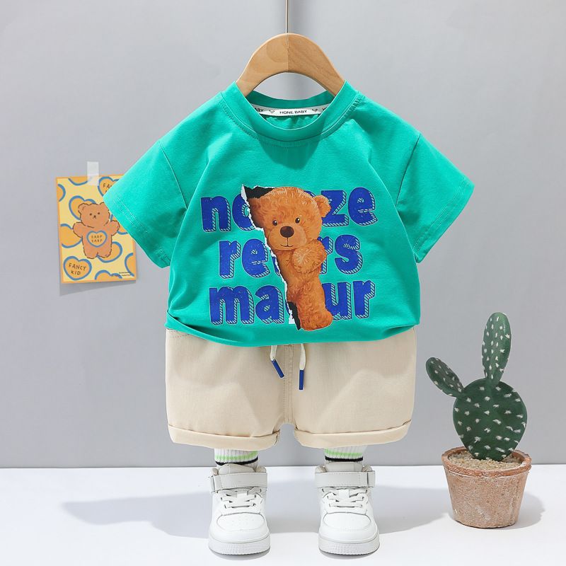 Summerkostüm Kanner- a Kleeder 1, 2-3 Joer al Jongen Buschtawen Hallefkierper Bär Kuerzärm Zwee-Stéck Set_voghion.com